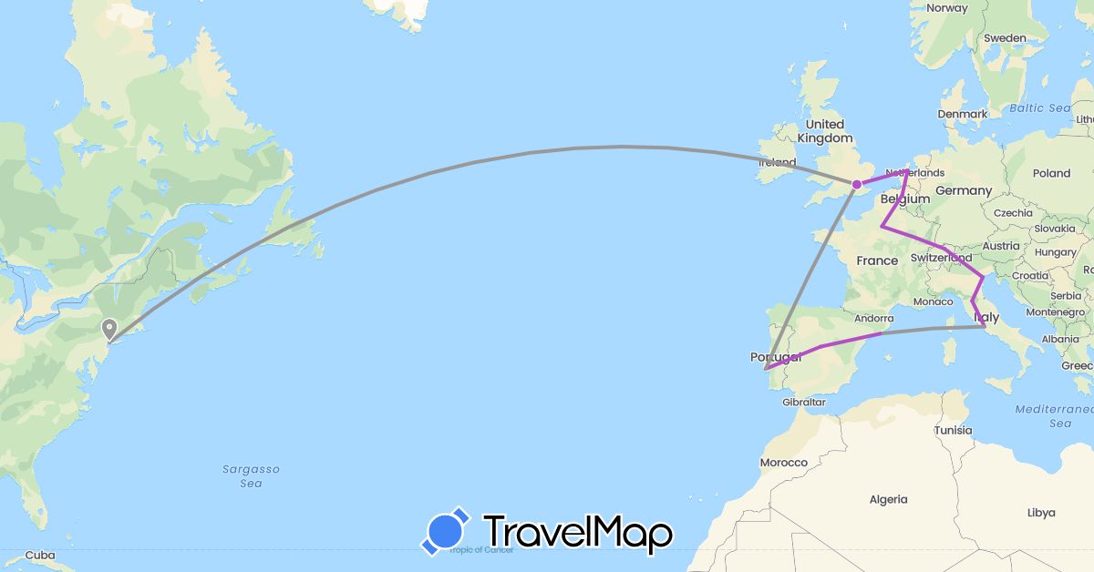TravelMap itinerary: driving, plane, train in Belgium, Switzerland, Spain, France, United Kingdom, Italy, Netherlands, Portugal, United States (Europe, North America)