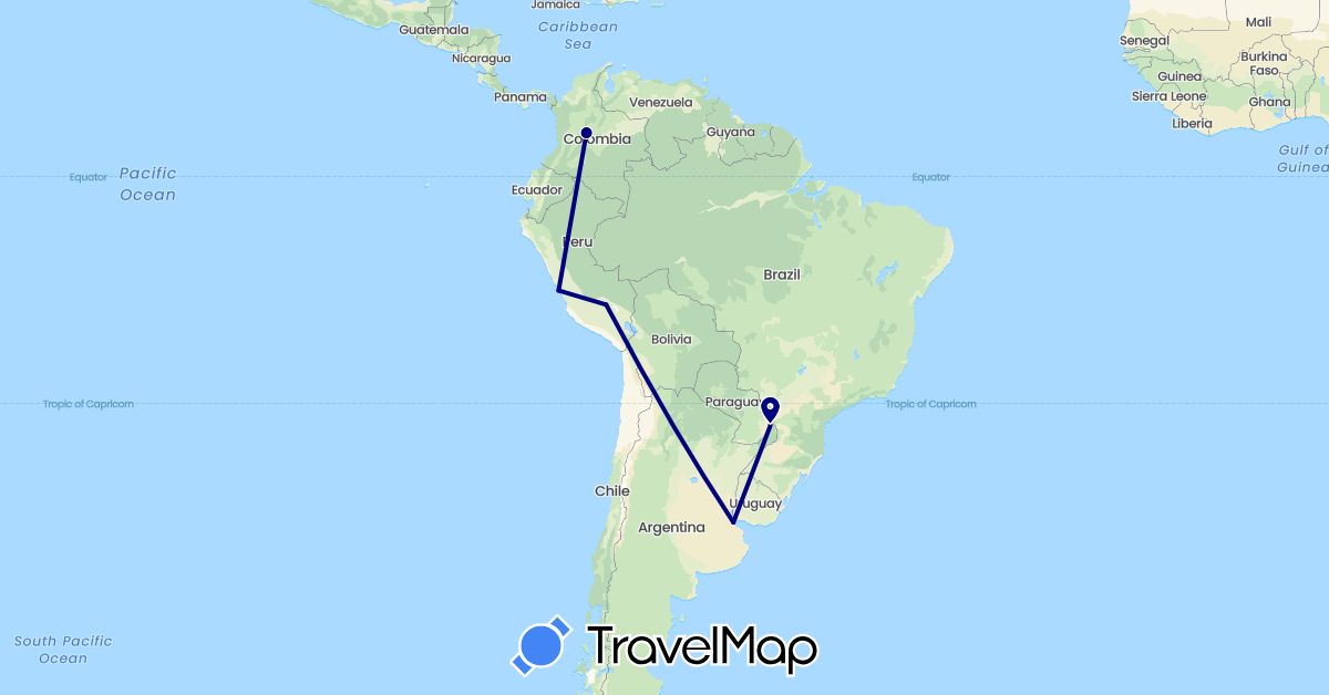TravelMap itinerary: driving in Argentina, Colombia, Peru (South America)