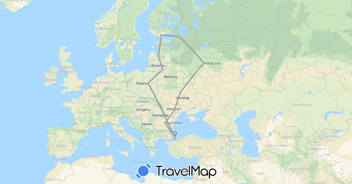 TravelMap itinerary: driving, plane in Estonia, Finland, Lithuania, Latvia, Moldova, Poland, Romania, Russia, Turkey, Ukraine (Asia, Europe)