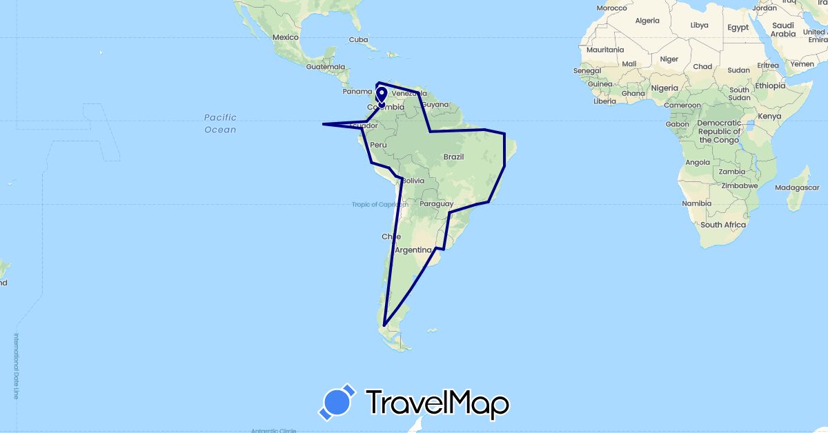 TravelMap itinerary: driving in Argentina, Bolivia, Brazil, Chile, Colombia, Ecuador, Peru, Uruguay, Venezuela (South America)